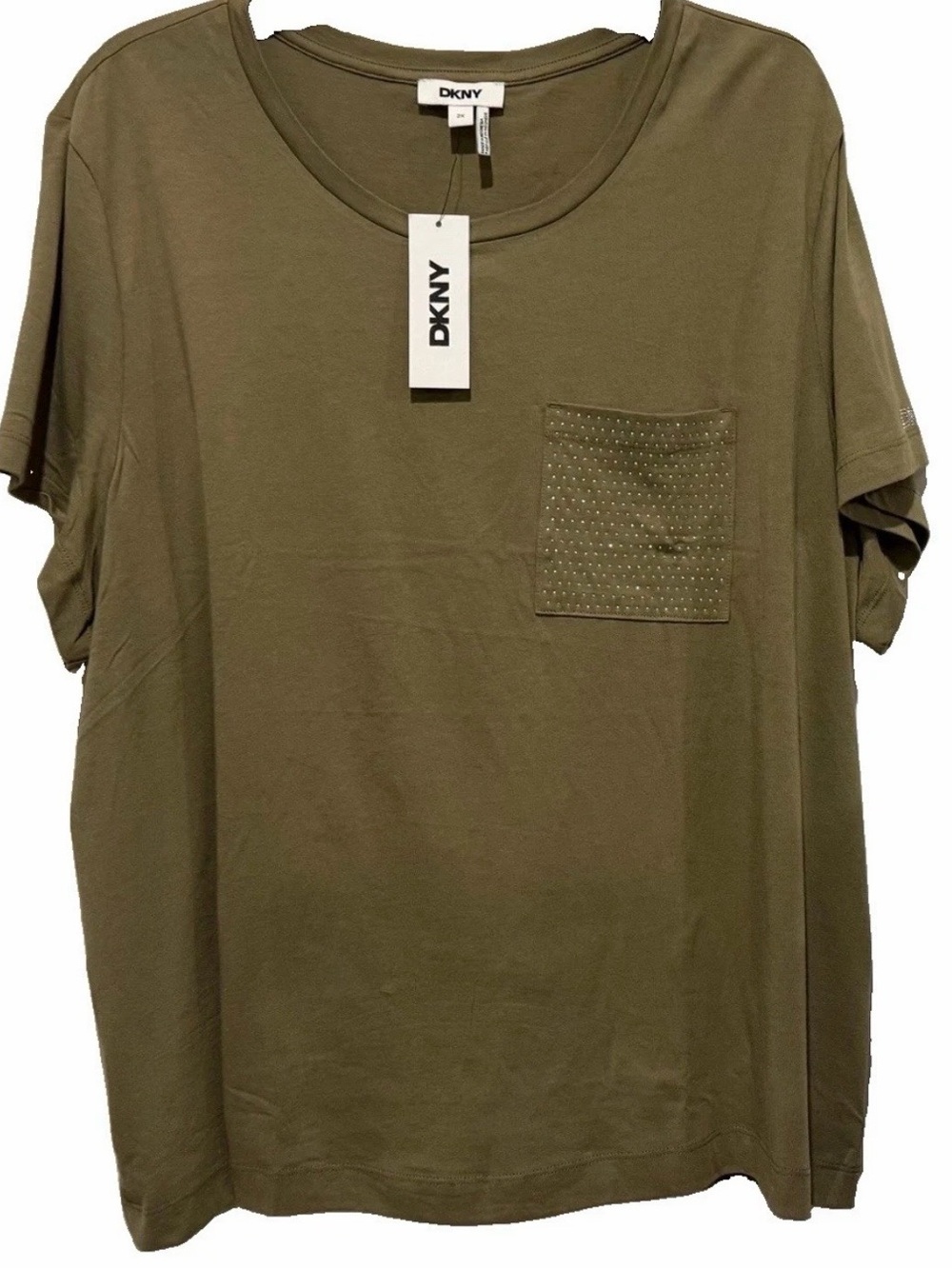 DKNY Jeans Olive Green Studded Pocket Short Sleeve T-Shirt Size 1X nwt